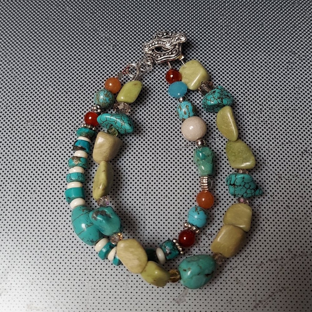 Bohemian rainbow turquoise carnelian silver bracelet